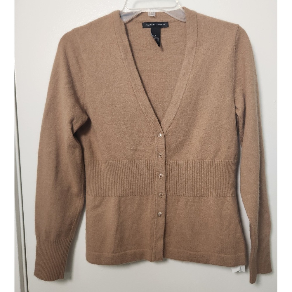 Jillian Jones V-Neck Camel Angora‎ Lambswool Button Cardigan Women's Med Peplum